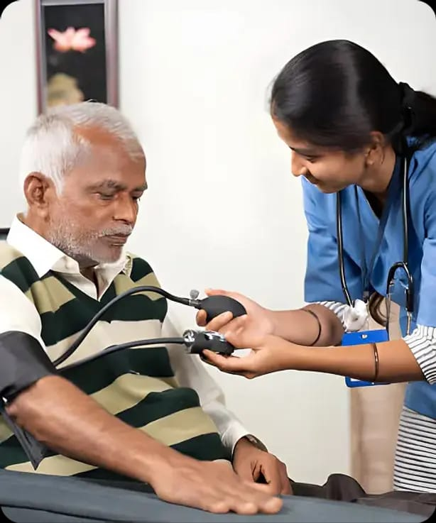 Clinical Nurse taking senior blood pressure check